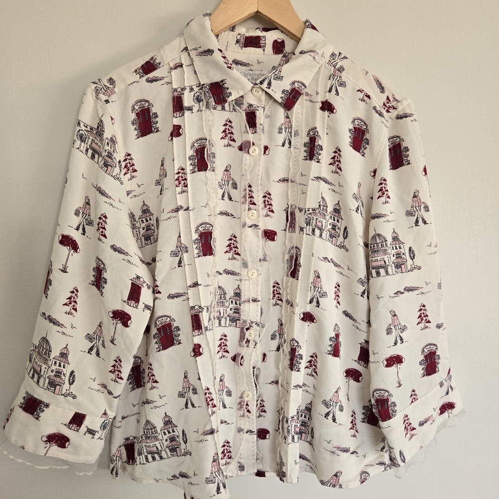 Vintage Christopher & Banks Shirt Women's M Beige Base Shopping All OVer Print